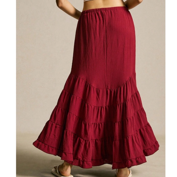 Boho Red Stretchy Drawstring Waist Ruffle hem Maxi Skirt - Picture 2 of 6